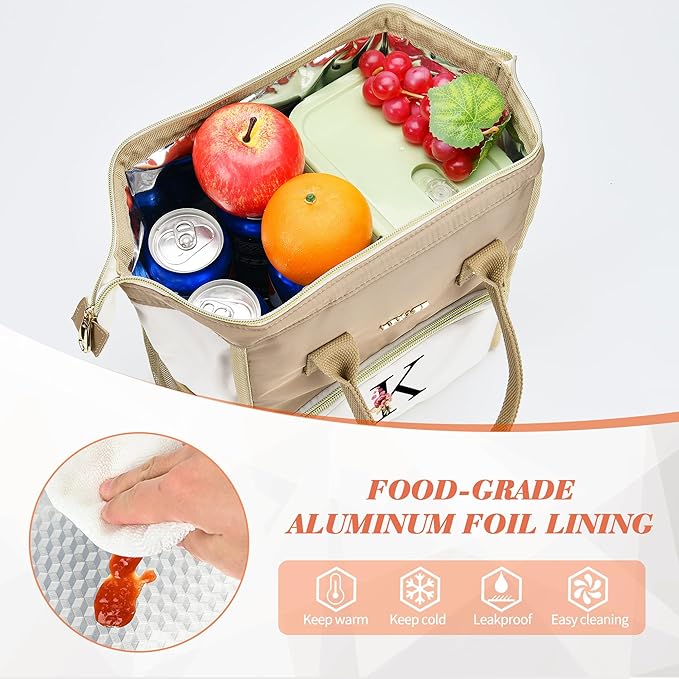 Initial Lunch Bag Women, Cooler Insulated Lunch Box for Girl, Large Adult Leakproof Lunch Box for Picnic Work, Personalized Tote Bag, Birthday Gifts/Teacher Gifts, Letter L.