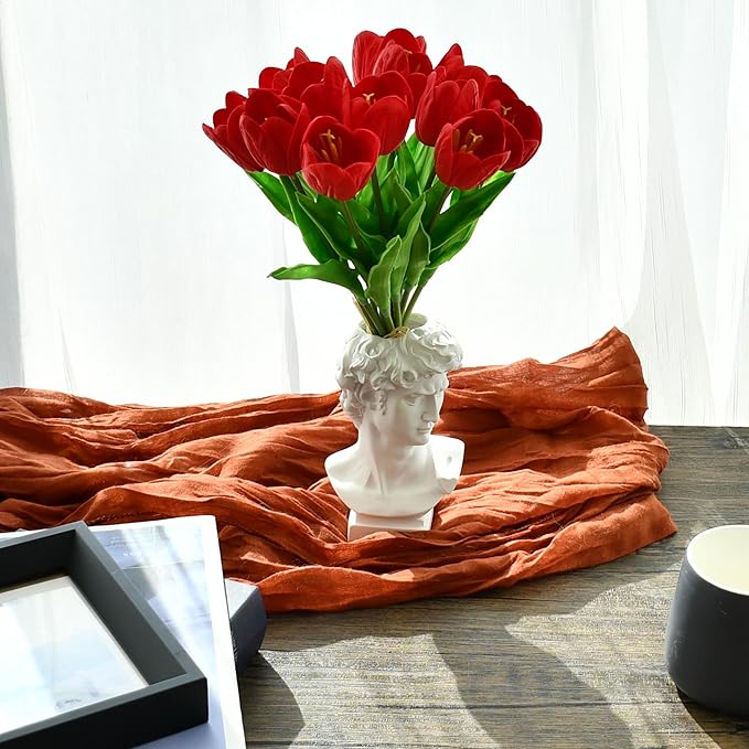 Mandy's Red Partially Open Artificial Tulips Flowers Centerpiece, 13.5" Lifelike PU Fake Floral Stems 12pcs for Kitchen Island & Dining Table, Spring Decor for Easter