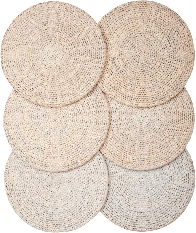 6-Pack Rattan Placemats - 13-inch Round Placemats (Whitewash) - Woven Place Mats, Round Table Mats - Wicker Chargers for Dinner Plates, Plate Chargers Boho