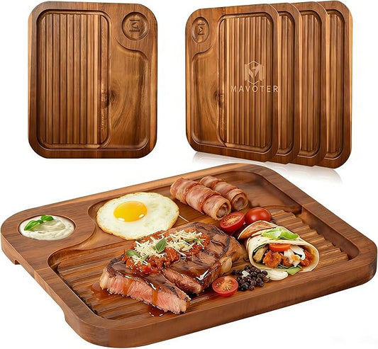 4 pcs Acacia Wood Steak Plates,Carnivore Cutting Board for Eating, Carved Meat Wooden Plate, Food Serving Tray,Cheese Charcuterie Boards with Deep Grooves & Hidden Handles