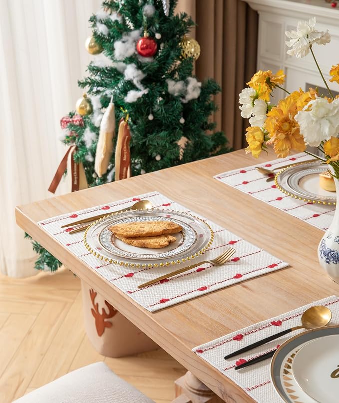 Christmas Valentines Placemats Set of 4, Cotton Linen Woven Table Mats for Modern Dining Table, 13x19 Inch Rustic Kitchen Valentine's Day Decorations Red Place Mats