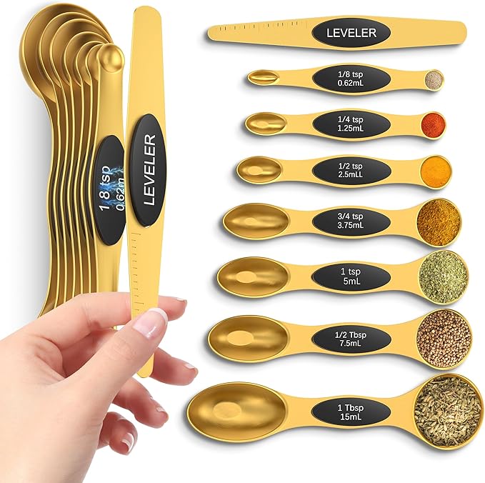 Magnetic Measuring Spoons Set with Strong N45 Magnets, Heavy Duty Stainless Steel Metal, Fits in Most Kitchen Spice Jars for Baking & Cooking, BPA Free, Multicolor, Set of 8 with Leveler(Gold)