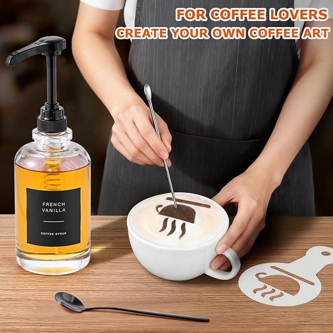 Coffee Syrup Dispenser for Bar, Glass Syrup Bottle with Pump, Coffee Pump Dispenser Bottle, Spoon for Station,16.9 oz, 500 ml