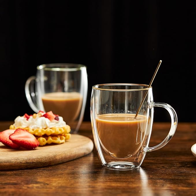MEWAY 12oz/2 PACK Coffee Mugs,Clear Glass Double Wall Cup with handle for Coffee, Tea, Latte, Cappuccino (12 oz，2)