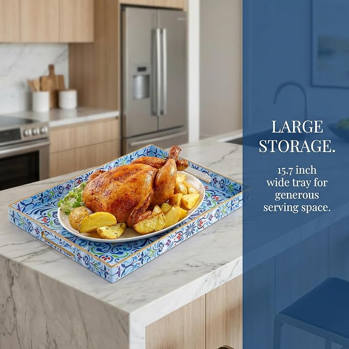 Hiceeden Set of 2 Boho Floral Serving Tray with Handles, 15.7" x 11.8" Decorative Plastic Ottoman Tray, Modern Large Coffee Table Server for Living Room, Bathroom, Kitchen, Rectangle, Blue