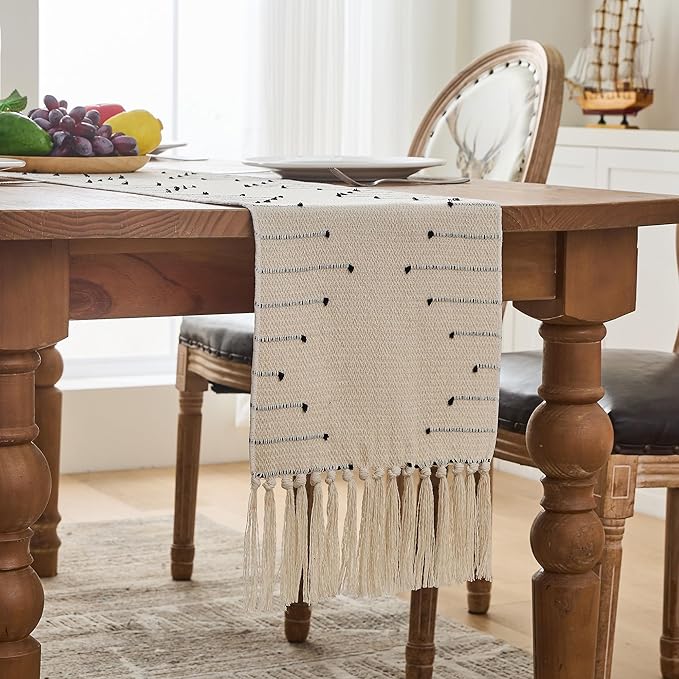 Table Runner 48 Inches Long, Boho Style with Handmade Tassels, 70% Cotton & 30% Linen, Modern Farmhouse Home Decor for Living Room (Beige Black, 12x48 Inch)