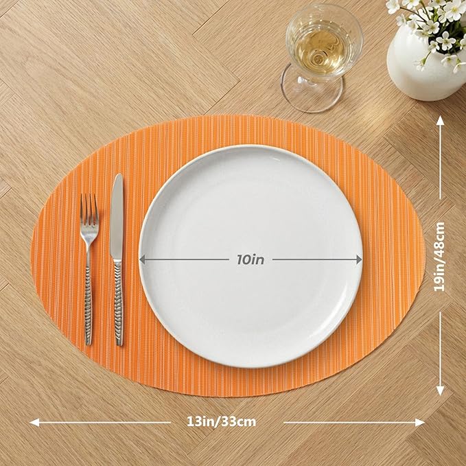 AHHFSMEI Oval Placemats Set of 6 Woven Vinyl Non-Slip Heat Resistant Stain Resistant Easy Clean Place mats for Dining Table(Orange)