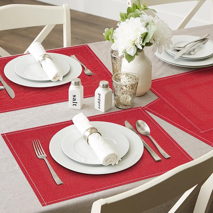 Niviy Christmas Placemats Set of 6, 12x18 Inch Rectangular Placemats for Kitchen Table, Red Placemats for Holiday Party Kitchen Dining Room Decoration