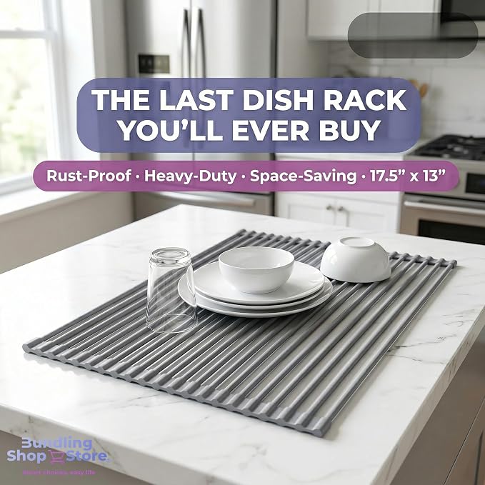 Premium Roll-Up Dish Drying Rack for Kitchen Sink - 17.5"x13" - Rust-Proof Solid Stainless Steel Core with Food-Grade Silicone Coating, Multipurpose Heavy-Duty Space-Saver, Dish Rack Over the Sink