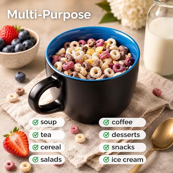 AmorArc 24 oz Soup Mugs with Handles, Jumbo Ceramic Bowls Mugs Set with handles for Coffee Cereal Cappuccino Snacks, Microwave&Dishwasher safe Soup Cups for Meal-Multicolor