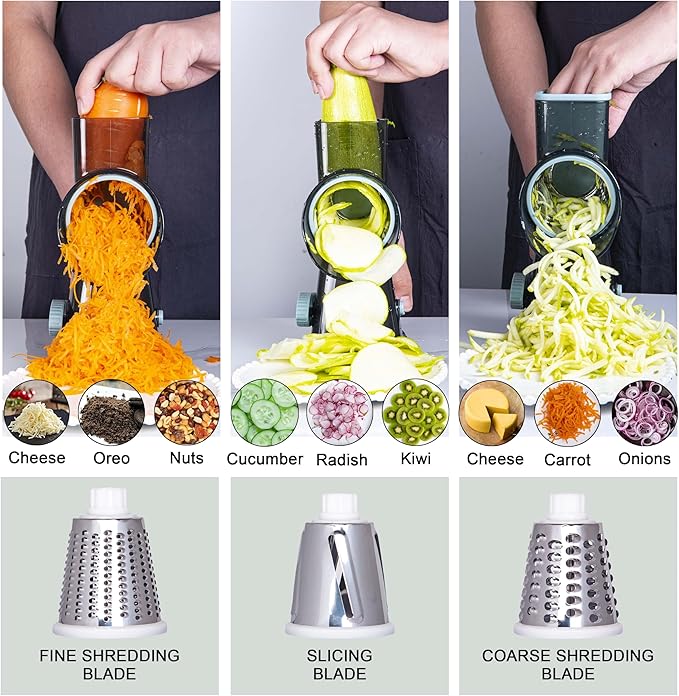 White Rotary Cheese Grater with Suction Base, Hand Crank Cheese Grater for Hard Cheese, Vegetables，Nuts, 3 Stainless Steel Drum Blades, Easy Clean Kitchen Gadget