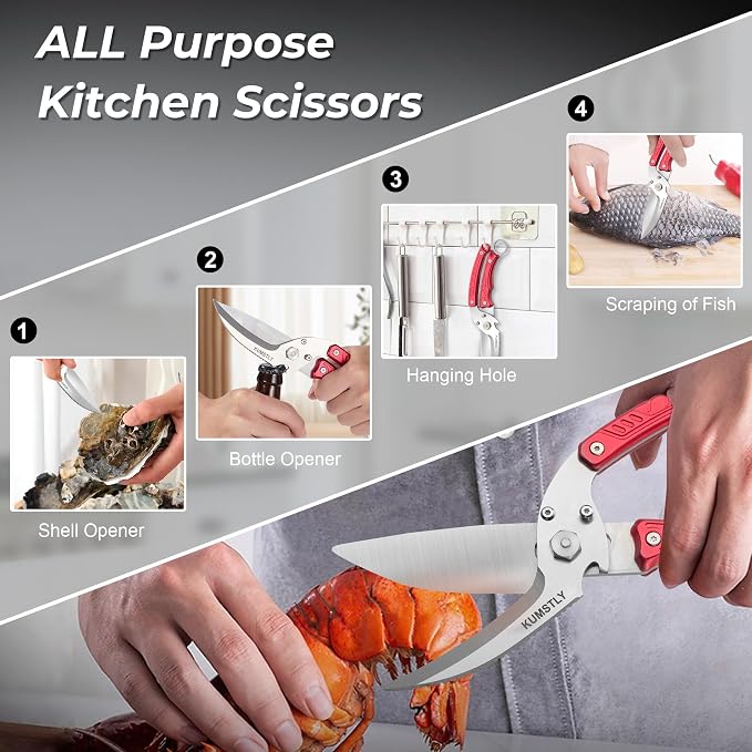 Kitchen Scissors All Purpose Kitchen Shears Heavy Duty for Cutting Chicken, Turkey, Meat, Bones, Vegetables Stainless Steel Spatchcock Shears Multipurpose Food Scissors (Red)