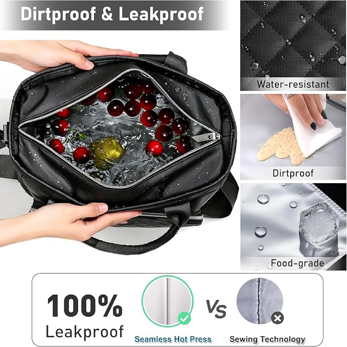 B1jounie YA Large Insulated Lunch Bag for Work, Women's Nylon Thermal Lunch Box, Leakproof Cooler Tote Bag with Storage Pocket