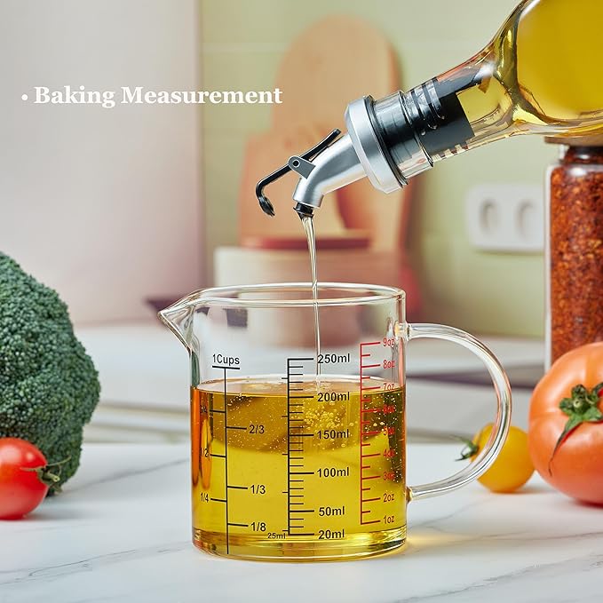 Ackers BORO3.3 Glass Measuring Cup-[Insulated handle | V-Shaped Spout]-Made of High Borosilicate Glass Measuring Cup for Kitchen or Restaurant, Easy to Read, 250 ML (8 Oz, 1 Cup)