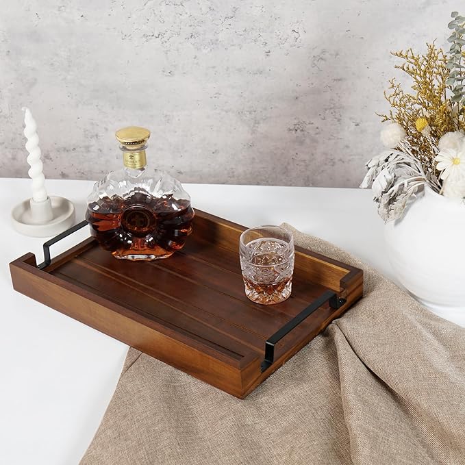 17" x 11" Acacia Wood Serving Tray with Black Iron Handle. Coffee, Decorative, Whiskey, Wooden Tray for Kitchen, Living Room, Bedroom Entryway, Hallway - Rustic Tray (Brown)