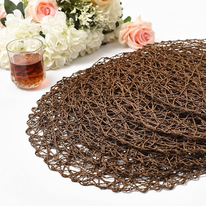 IcosaMro Brown Round Placemats Set of 6 for Dining Table, 15 Inch Paper Woven Boho Decorative Tan Circle Place Mat for Wedding Christmas Thanksgiving Day Holiday Dinner, Tan Brown