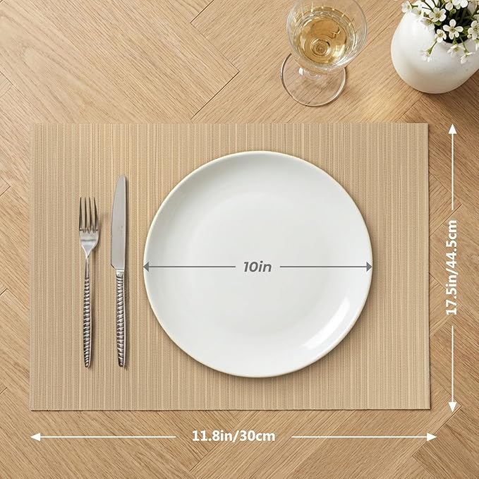 AHHFSMEI Placemats Set of 6 Woven Vinyl Non-Slip Heat Resistant Stain Resistant Easy Clean Place mats for Dining Table(Light Brown)