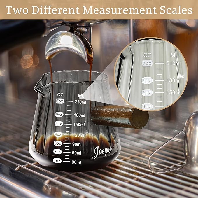 Joeyan 7 oz Espresso Cups, Glass Measuring Cup, Espresso Shot Cup with Spout and Wood Handle, Gray Espresso Shot Glass, Ribbed Milk Frothing Pitcher, Espresso Machine Coffee Bar Accessories