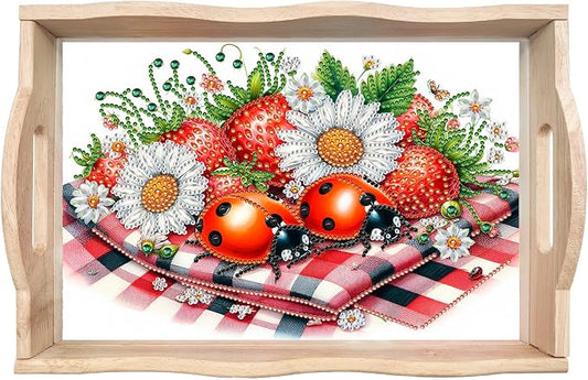 BAYUNOE DIY Diamond Serving Tray Christmas Rectangular Breakfast Tray with Handle Handmade Diamond Art Painting Wooden Tray for Dinner Plate Coffee Room Living Home Organizer-Strawberry