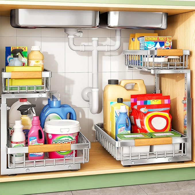 Kitstorack Under Sink Organizer, 2 Tier Under the Sink Storage, Slide out Pull out Cabinet Organizer Shelf, Metal Sliding Drawer for Kitchen Bathroom Pantry Closet Organization Rack, Silver, 2 Pack