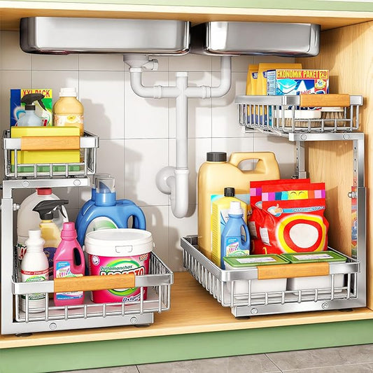 Kitstorack Under Sink Organizer, 2 Tier Under the Sink Storage, Slide out Pull out Cabinet Organizer Shelf, Metal Sliding Drawer for Kitchen Bathroom Pantry Closet Organization Rack, Silver, 2 Pack