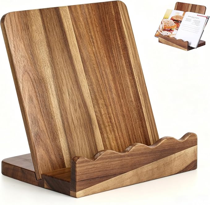 Scalloped Acacia Wood Cookbook Stand, 2-in-1 Holder & Serving Tray | Material: Acacia Wood , Food-Safe | Design: Scalloped Edge, Folds Flat to 1.5" |cookbook stand for kitchen counter
