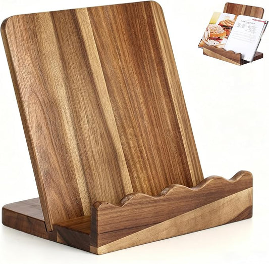 Scalloped Acacia Wood Cookbook Stand, 2-in-1 Holder & Serving Tray | Material: Acacia Wood , Food-Safe | Design: Scalloped Edge, Folds Flat to 1.5" |cookbook stand for kitchen counter