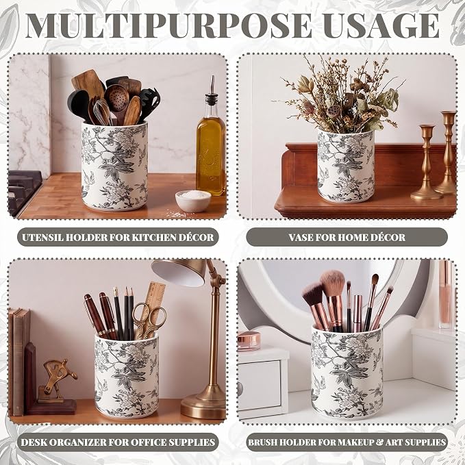 Suclain Vintage Floral Ceramic Utensil Holder 6.3 Inch Rustic Kitchen Crock Country Chinoiserie Gray Floral Countertop Storage Organizer for Spatulas and Spoons Elegant Home Cooking Unique Gift Idea