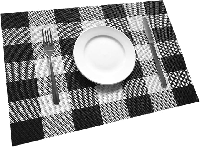 Ukeler Placemats Set of 6- Buffalo Check Placemats Crossweave Plaid Woven Placemats Washable Kitchen Table Mats, Black and White