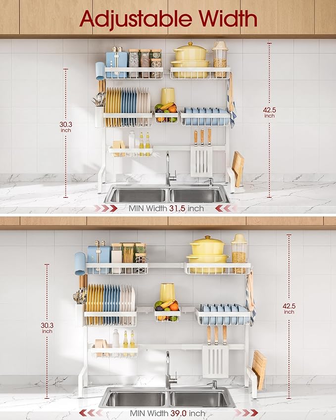 Sakugi Dish Drying Rack - Over The Sink Dish Drainer Drying Rack with Utensil & Knife Holder, Hooks, Stainless Steel Kitchen Organizers and Storage Solution, 11.8" D x 31.5"~39.0''W x 30" H, White