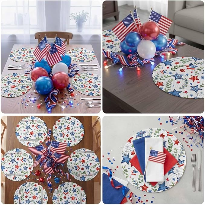 4th of July Round Placemats Set of 8 Patriotic Star Floral Place Mats Independence Day Woven Placemat Green Eucalyptus Leaves Circle Braided Table Mat for Kitchen Dining Table Party Decor 15 Inch