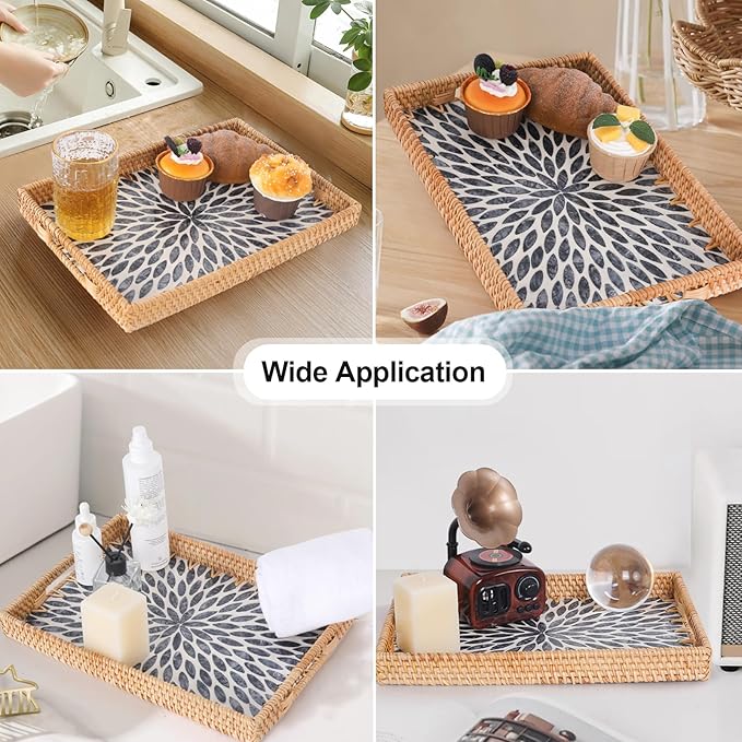 Rectangle Rattan Tray with Mother of Pearl Inlay, Rattan Serving Tray with Handle for Coffee, Bread, Fruits, Snacks, Decorative Wicker Tray for Table Decor (Rectangle Black Leaf, 13"×9")