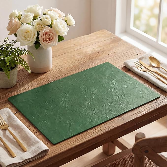 Artoid Mode Green Faux Leather Placemats Set of 8, 12x18 Inch Waterproof Wipeable Heat Resistant Vinyl Place Mats, Reversible Table Mats for Kitchen Dining Decor