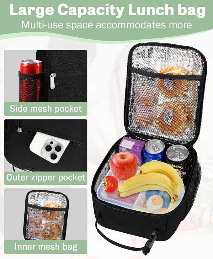 Small Lunch Box Insulated Lunch Bag for Men Women Kids, Reusable Lunch Bags Portable Small Lunch boxes Cooler Bag for School/Work/Picnic, Black 12-Can(6.5L)