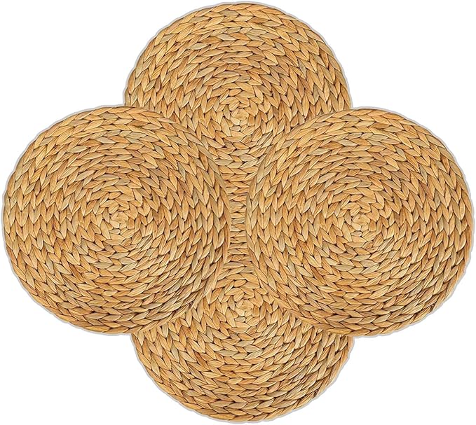 4 Pack Round Woven Placemats, 11.8 inches Plate Chargers Natural Wicker Placemats Water Hyacinth Straw Braided Tablemats Rattan Tablemats Rustic Weave Placemats for Dining Table