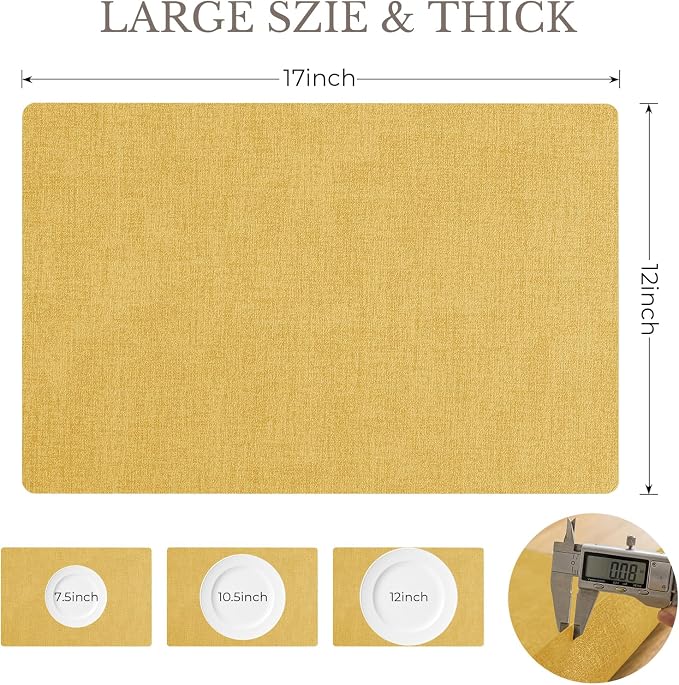 Romanstile Vinyl Placemats Set of 6-12 X 17 Inch - Faux Leather 100% Waterproof Wipeable Anti Slip Place Mats, Heat Resistant Reversible PU Table Mats for Kitchen Dining Party Outdoor, Yellow