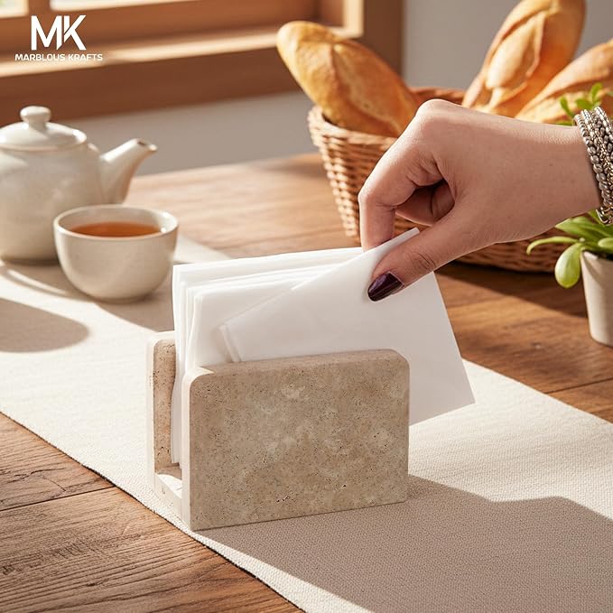 Travertine Mini Napkin Holder 3" x 4" Inch Serviette Holder for Table, Kitchen & Dining Decor, Coffee Bar Use, Ideal Napkins dispenser Bathroom Counter Organizer & Farmhouse Home