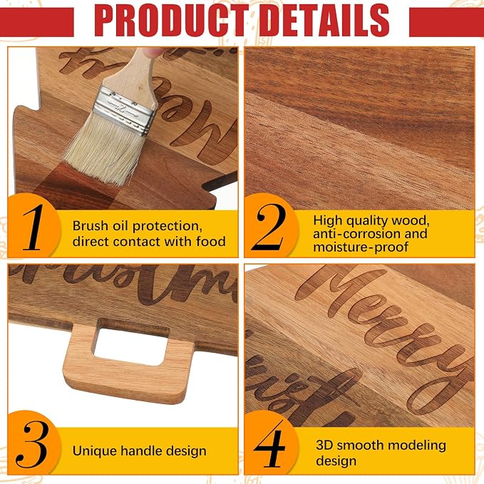 Umigy 2 Pcs Christmas Cutting Board Christmas Tree Charcuterie Boards Kitchen Wooden Santa Claus Acacia Cute Cutting Board with Handle for Housewarming Wedding Xmas Party Supplies