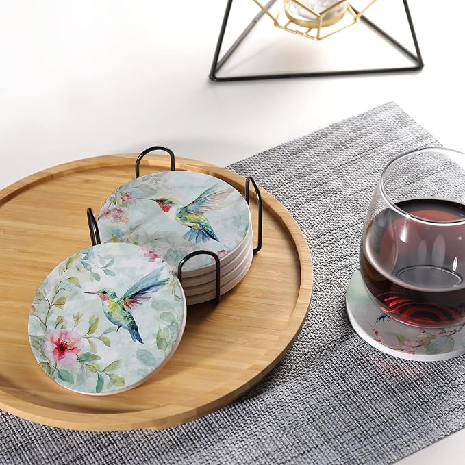 Drink Absorbent Coasters with Holder Set of 6, Ceramic Stone with Cork Base, Watercolor Hummingbird and Flowers Coaster for Drinks, Gift for Housewarming Room Bar Home Decor Kitchen