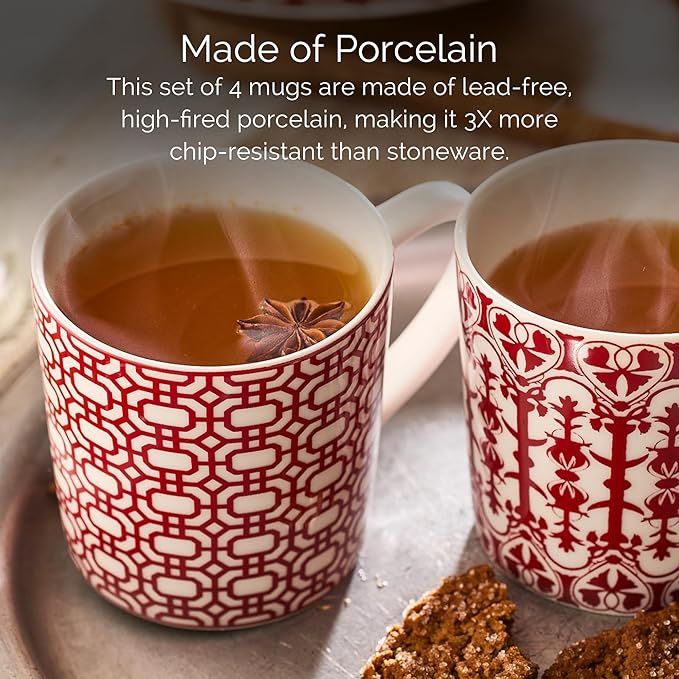 Caskata Newport Garden Gate Crimson Oversized Mugs Set of 4 | High-Design Lead-Free Porcelain Mug Set for Entertaining or Everyday | Unique Party Mugs for Wedding or Birthdays | 14 oz