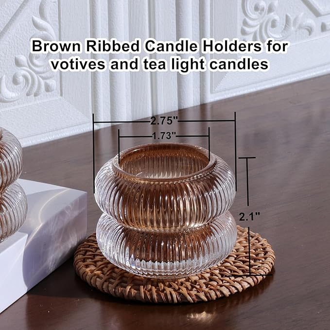 Woho Ribbed Amber Votive Candle Holders Set of 12 for Wedding Table, Vintage Glass Tealight Candle Holder for Fall Decor, Boho Tea Lights Candle Holder for Thanksgiving (Brown, 2.1" H X 2.75" D)