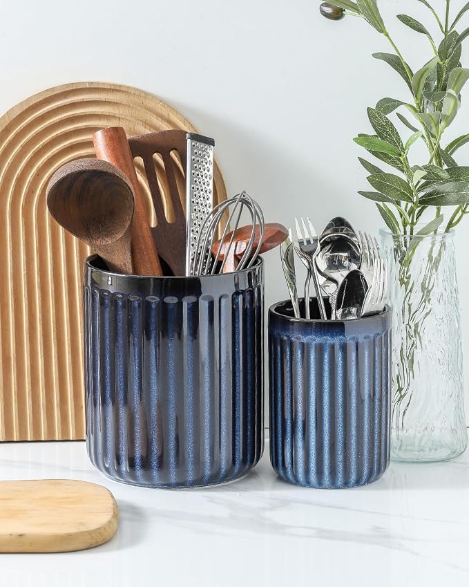 HASENSE Kitchen Utensil Holder,7.3" + 5.7" Cooking Utensil Holder for Kitchen Counter, Large Utensil Crock for Farmhouse Decor, Utensil Storage Organizer for Spatula, Set of 2, Navy Blue