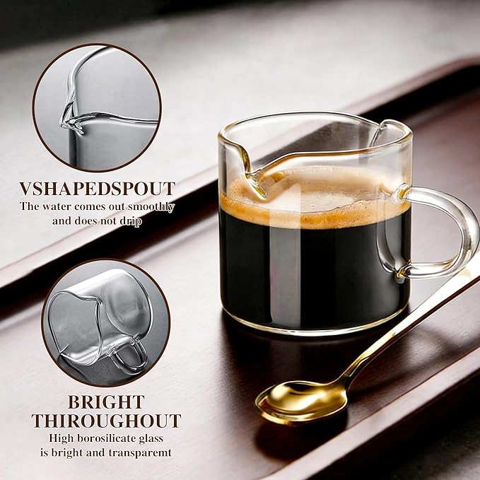 Glass Espresso Cups Set of 2, 4 OZ Double Spouts Cups espresso measuring with handle Clear Glass Milk Coffee Accessories for Machine
