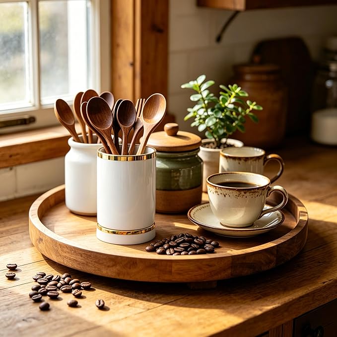 Utensil Drying Holder for Kitchen Countertop, 6in Ceramic Small Silverware Cutlery Set Crock Caddy, Self Draining Tea Coffee Spoon Fork Flatware Stirrers Jar for Stir Stick Straw