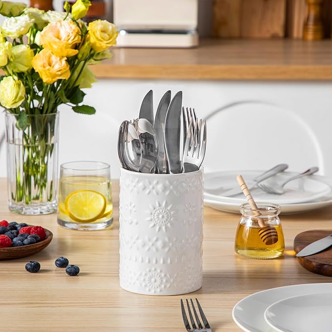 LOVECASA Utensil Holder, 7.2"+5.4" Ceramic Utensil Holder for Countertop, Large Cooking Utensil Crocks for Kitchen Counter, Farmhouse Utensil Vase for Housewarming, Kitchen Decor, Set of 2, Snow