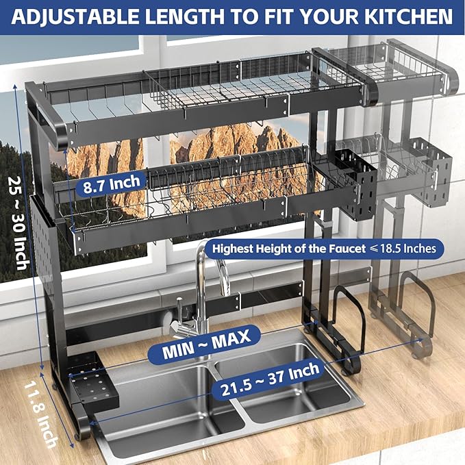 MINGLING Over The Sink Dish Drying Rack, Full Stainless Steel Large Storage Kitchen Dish Rack, 2 Tier Expandable Height and Length, Black 21.5"~37" W x 25"~30" H x 11.8" D