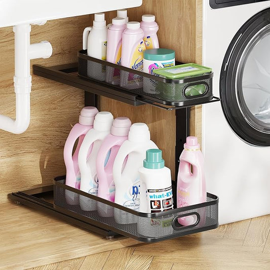 1 Pack Under Sink Storage Organizer with 2-Tier Slide Out Drawer, Sophisticated Mesh Pull Out Shelf for Kitchen & Bathroom, Fits Small Items, Upgraded Arched Track for Smooth Gliding-Black