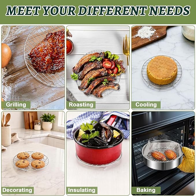 P&P CHEF Round Cooking Rack, 3 Pcs Stainless Steel Baking Cooling Steaming Grilling Rack, Fits Air Fryer/Stockpot/Pressure Cooker/Round Cake Pan, Oven & Dishwasher Safe (7.5 Inch)