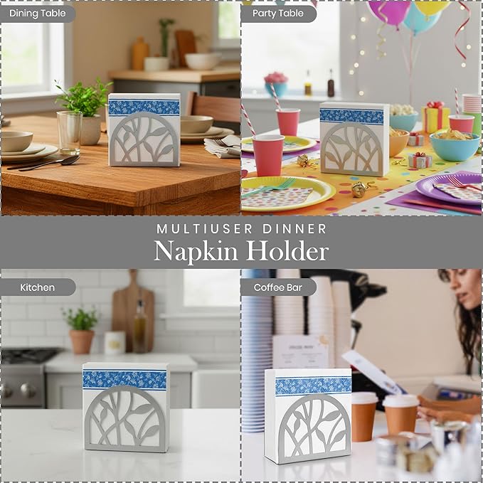 Napkin Holder for Table | Upright Napkin Stand with Decorative Leaf & Branch Design, Modern Metal Napkin Holder for Kitchen, Dining, Café, Office | Rust-Resistant Silver Finish
