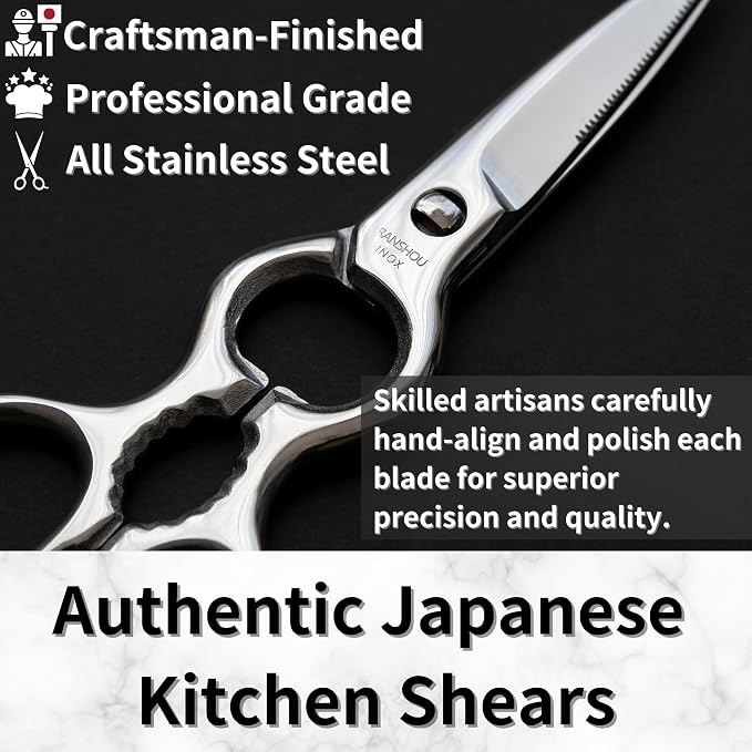 Japanese Kitchen Shears All Purpose 8" Heavy Duty Food Scissors Come Apart Blade, All Metal Japanese Stainless Steel, Made in Japan